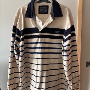 L.L. Bean Men's Navy and Cream Striped Button Down Shirt
